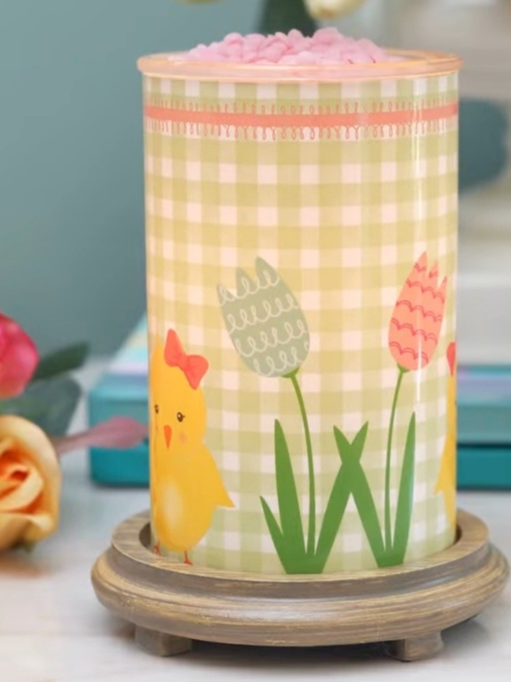 Pink Zebra Brand Floral WaxMelt Simmering Light ~ Gingham Peeps ~Woodgrain Base